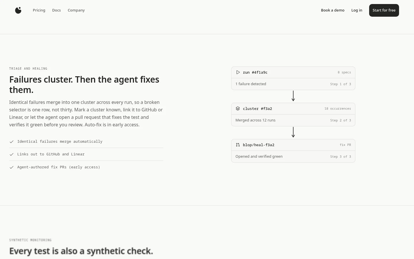Current Blop web interface showing a failed run becoming a cluster and verified fix pull request