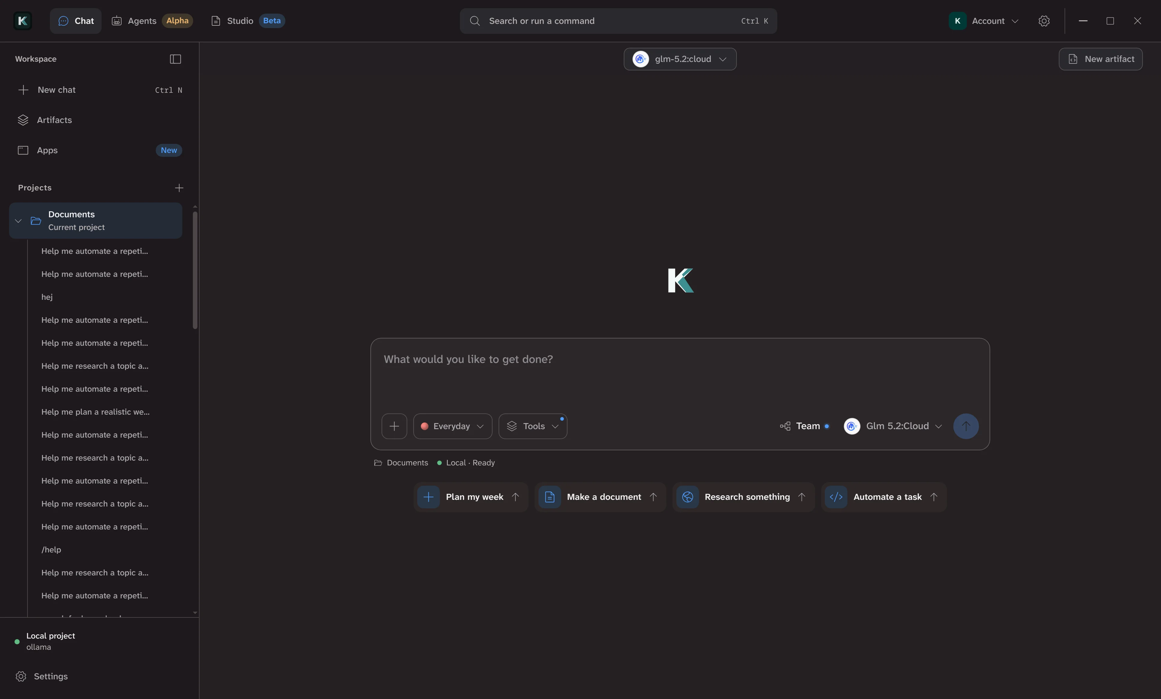 Khadim Electron home screen with projects, model controls and AI composer
