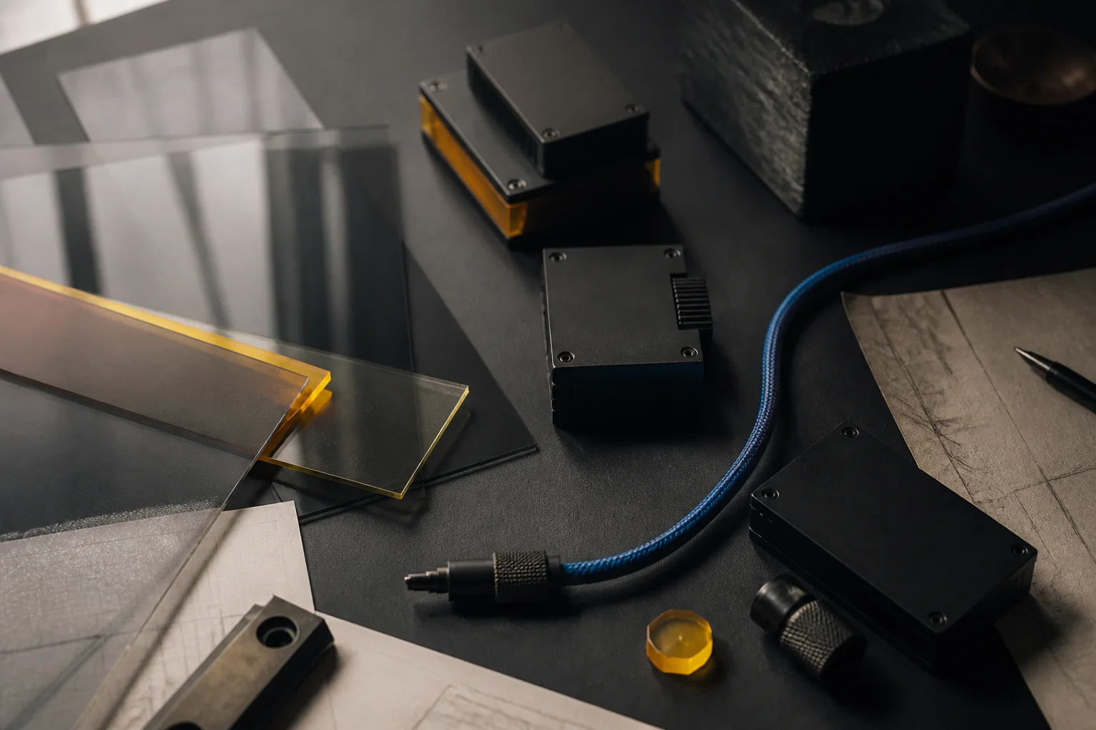 Lag af akryl, modulær hardware og et synligt ført kabel på et AI-studiobord